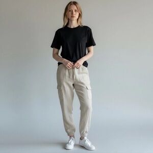 Nicole Miller Linen Cargo Jogger Pants Cream Straw Elastic Waist Pocket